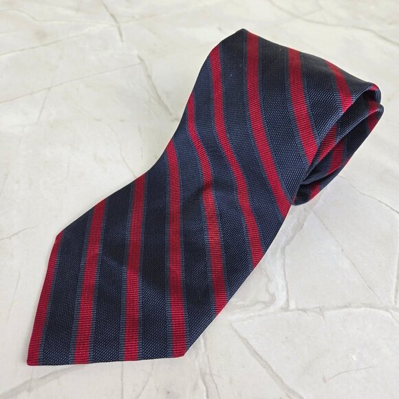 Brooks Basics 100% Silk Men's Tie Red Navy Blue Diagonal Stripes Made in USA - Picture 1 of 5